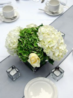 white and green hydrangea wedding centerpiece