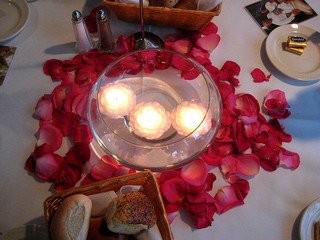 floating candles and red petals